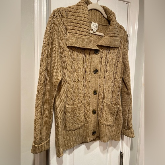 St. John’s Bay Size L Tan Cable Knit Collared Button Front Cozy Cardigan Sweater - Picture 3 of 9